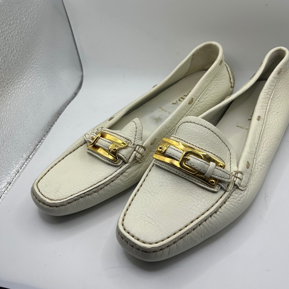 Prada White Leather Gold Buckle Driving Moccasins Loafers Women's Size 37